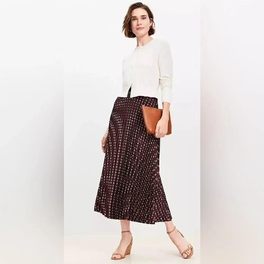 LOFT S Burgundy White Red Gold Bow Print Pleated Midi Skirt